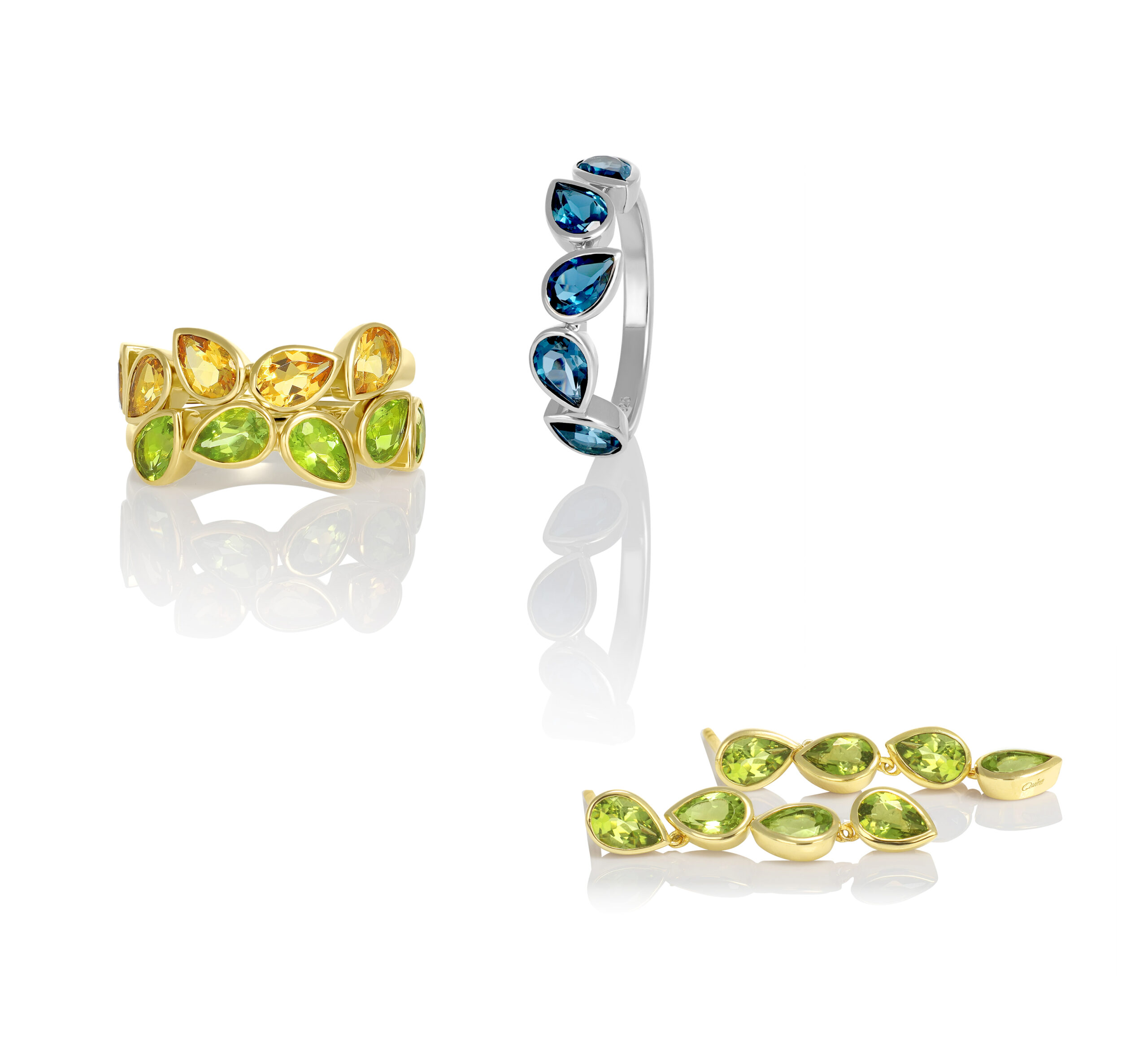quinn alata goldschmuck set ohrhänger ringe gold peridot citrin blautopas